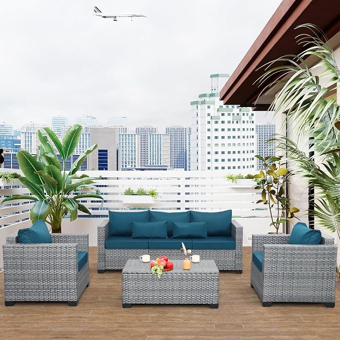4 Piece PE Rattan Sectional Sofa Couch Peacock Blue Outdoor Conversation Set Wicker Patio Furniture Sets with Storage Table and Comfortable Cushions