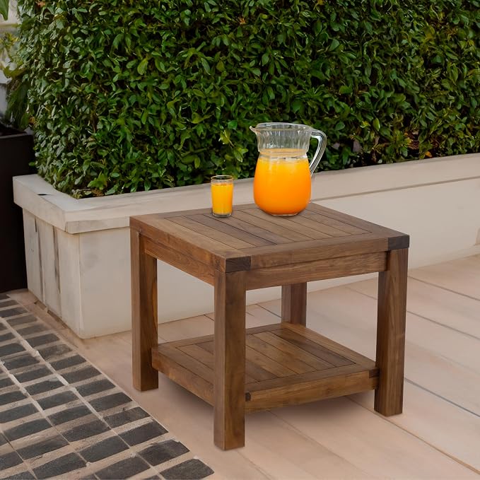 Teak Wood Side Table with Storage - Teak Oil Finish Indoor and Outdoor Wooden Furniture for Deck, Porch, Balcony, Living Room, Bedroom and Backyard (18" D x 18" W x 18" H)