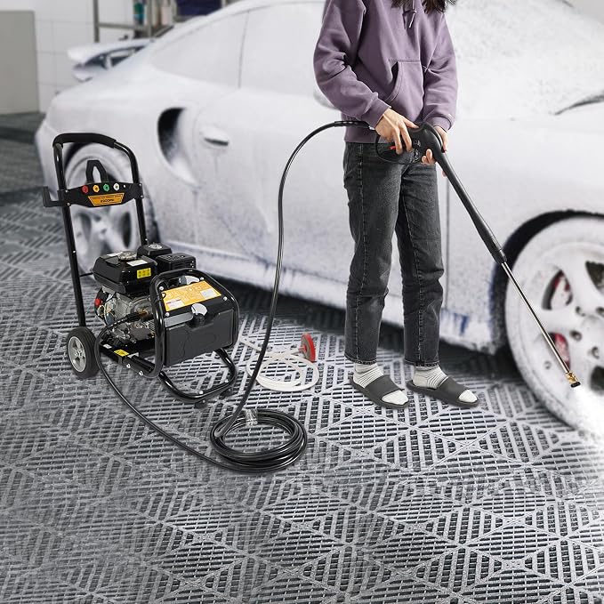 Gas Pressure Washer 2600PSI, 2.4GPM Max Flow, 7HP High Pressure Washer with Hose, Two Wheels, 5 Different Nozzles, for Cars, Fences, Driveways, Homes, Patios, Furniture