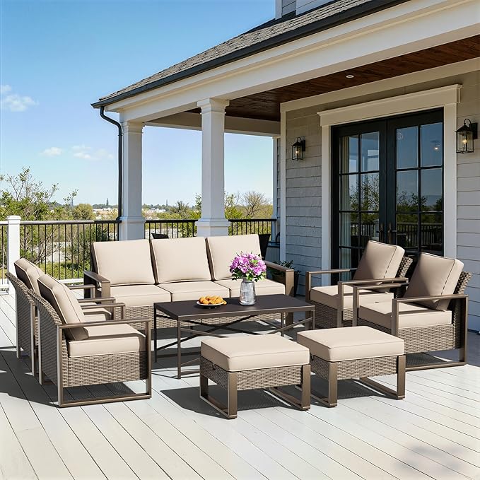 8 Pieces Metal Wicker Patio Furniture Set - 75" Sofa, Four Armchairs and Two Ottomans, One Coffee Table All Weather Rattan Outdoor Conversation Furniture with Washable Cushion for Deck, Beige