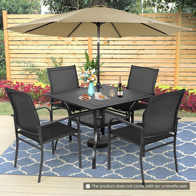 Incbruce 6 Pieces Patio Dining Set with Brown Umbrella, Outdoor Dining Set of 4 Textilene Chairs and Square Table with Umbrella Hole for Backyard, Garden, and Poolside (Black)