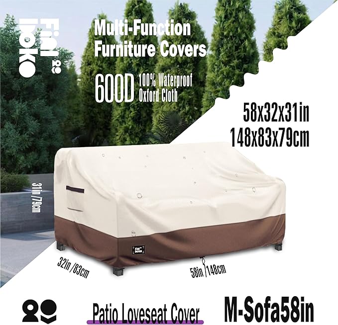 2-Seater Outdoor Couch Cover,58"Wx32"Dx31"H Patio Loveseat Cover,100% Waterproof Heavy Duty Patio Sofa Covers,Patio Furniture Covers,Beige&Brown