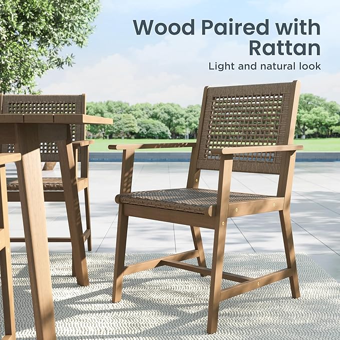 PHI VILLA Outdoor Acacia Wood Chairs Set of 2, Patio Dining Armchairs with Wicker Back & Seat, Farmhouse Style Teak Seating Furniture for Deck Yard Balcony Garden - Light Brown