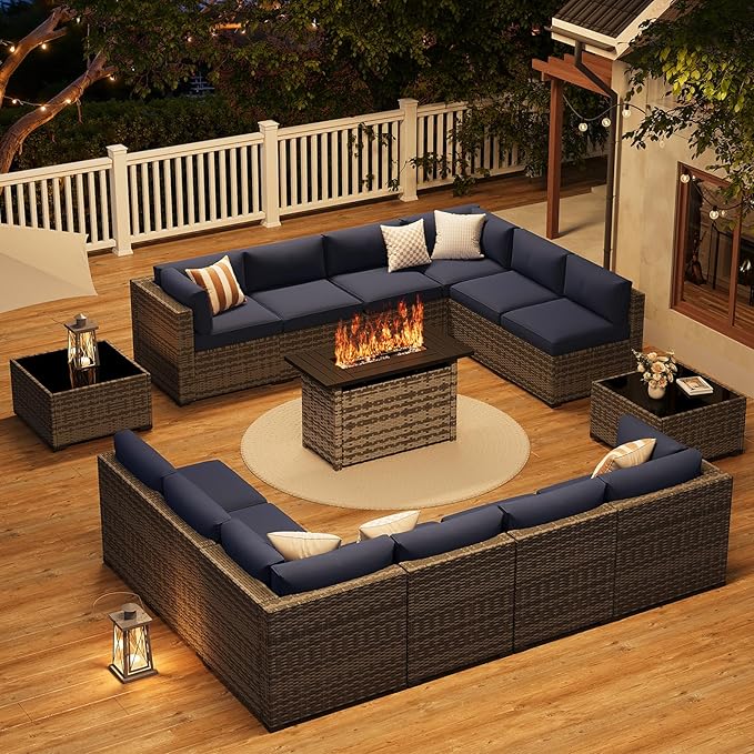 LazySunsets 15-Piece Patio Furniture Set with 44" Fire Pit Table, Wicker Outdoor Furniture, Patio Conversation Sets with Coffee Table, Outdoor Sectional Couch with Waterproof Cover, Blue