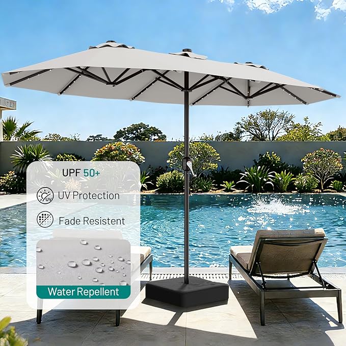 AreShark 13 FT Patio Umbrella with Solar Lights, Double-Sided Outdoor Table Umbrellas with Crank, Large Rectangular Market Umbrella for Porch, Lawn, Pool, Backyard, Light Gray