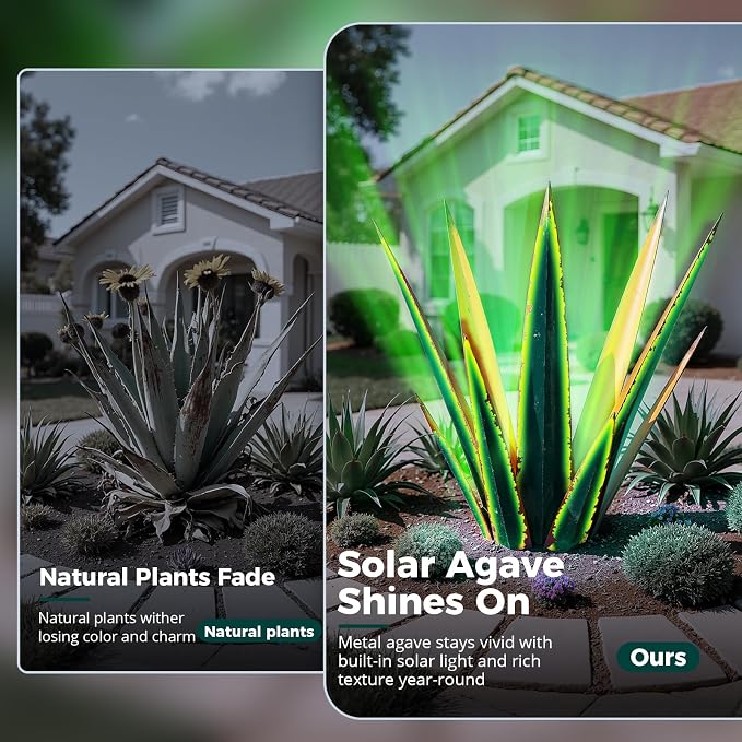 KODIBO Large Metal Agave Plant Outdoor Decor with Solar Light, Vintage Green