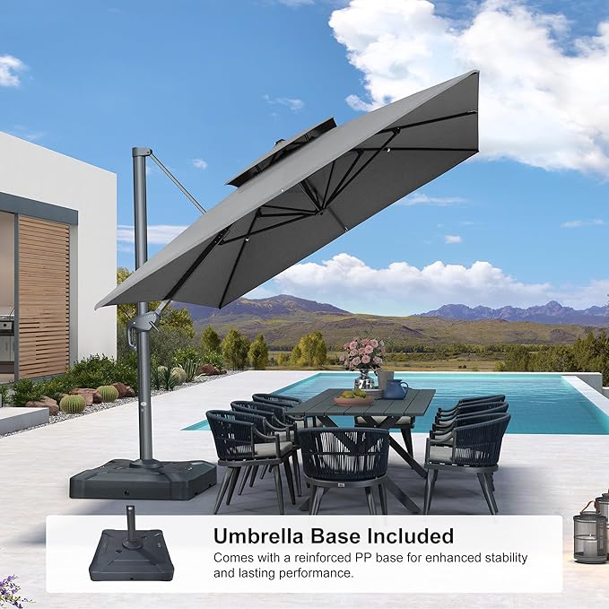 PURPLE LEAF 10' x 13' Cantilever Patio Umbrella Outdoor Umbrella with 330lbs Base Large Rectangular Windproof Offset Umbrella for Pool Deck Garden, Mist Grey