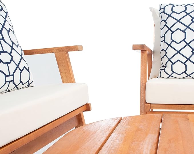 SAFAVIEH Outdoor Deacon Natural and Beige 4-Piece Set with Blue and White Pillows