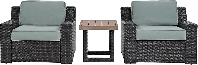 Crosley Furniture Beaufort Beaufort 3-Piece Outdoor Chair and Side Table Set, Wicker Patio Conversation Sets, Brown with Mist Cushions