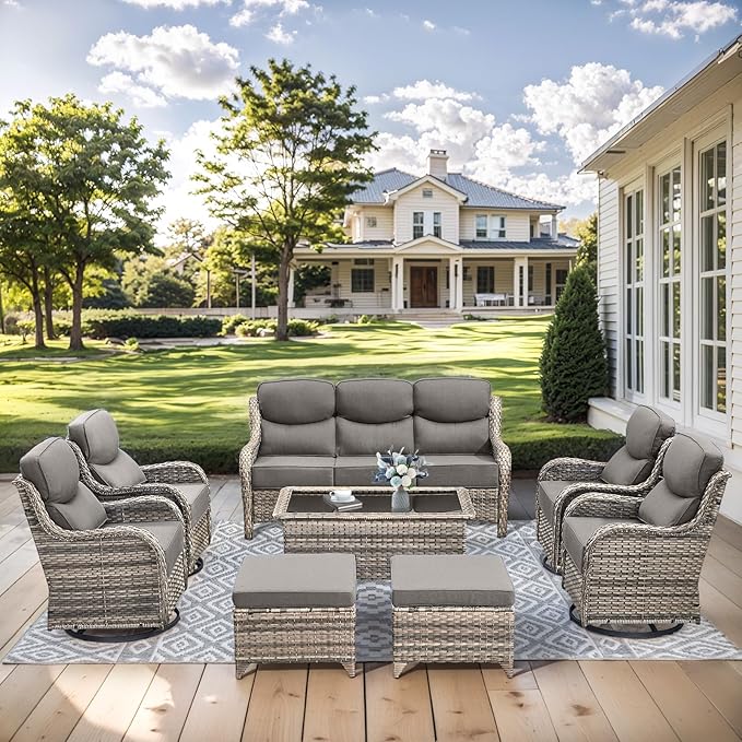 HUMMUH 8 Pieces Wicker Patio Furniture Set with Patio Swivel Chairs Set of 4,High Back Outdoor Sofa Coffee Table Ottomans,6 Inch Thick Cushions Outdoor Conversation Set for Porch, Balcony, Deck
