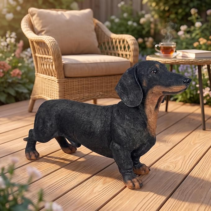 26.38" Black & Tan Dachshund Statue | Realistic Resin Dog Garden Decor, Outdoor Gardens, Sturdy Base