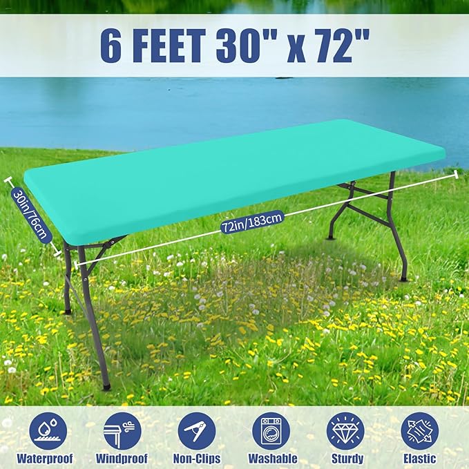 Moosfor Spandex 6 Foot Rectangle Table Cloth 2 Pack, Elastic Fitted Tablecloths for Picnic, Stretch Washable Patio Table Cover for Outdoor, Camping, Banquet and Parties(Aqua Blue, 30"x72")