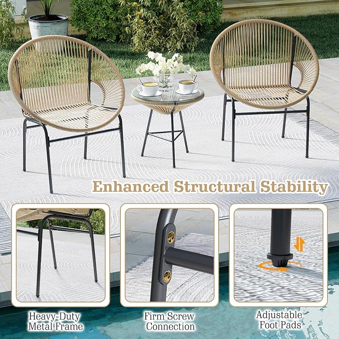 COSTWAY 3-Piece Outdoor Acapulco Chair Set, Wicker Conversation Bistro Sets with Plastic Rope, Glass Top Table, Patio Rattan Furniture Set for Garden, Balcony, Lawn, Backyard, Apartment (Brown)