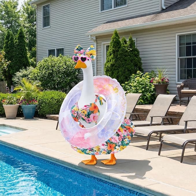 Bikini Porch Goose Outfits Fits 23" Goose Statue Summer Porch Goose Outfit with Sunglasses and Swim Ring Hawaiian Porch Goose Clothes Costume for Outdoor Garden Lawn Yard Decor(Colorful Flower)