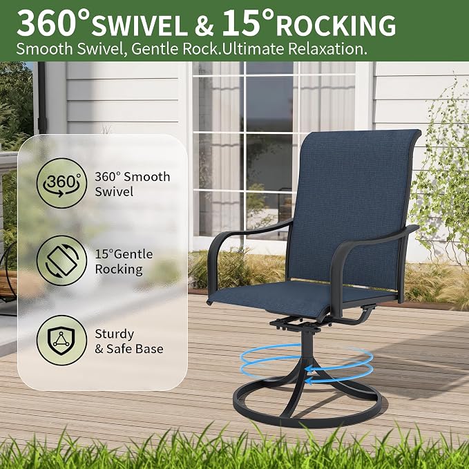 Anmutig 5-Piece Outdoor Patio Dining Set, 48" Round Table with 4 Swivel Textilene Rocking Chairs, Navy Blue Mesh Fabric, Black Metal Frame