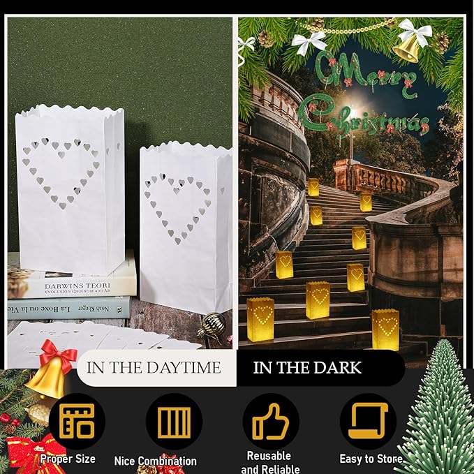 Sabary 50 Sets Luminary Bags with Flameless Tea Lights Outdoor Luminaries LED Lantern Candle Bags for Wedding Birthday Ramadan Christmas Party Decorations Romantic Decor(Heart)