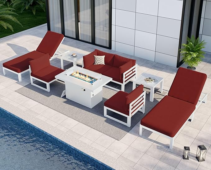 NICESOUL 6 Person Modern Aluminum Outdoor Patio Furniture Set with Lounge Chair & Firepit, 29" Wide Deep Seating, UV Resistant Modular Sectional Couch, Large Conversation Set for Poolside, Burgundy