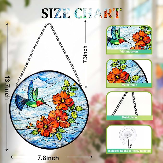 Stained Glass Window Hanging - Colorful Hummingbird Poppy Suncatcher for Windows Doors Home Decor, Hummingbird Red Flowers Sun Catcher Gift for Women Mom Nana Bird Lovers Christmas Mother's Day Birthd