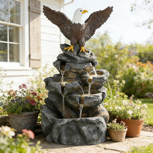 37" H Bald Eagle Waterfall Fountain 5-Tier Rock Cascade Resin Garden Water Feature with LED Lights, Outdoor Patio Water Fountain for Yard Porch Lawn and Home Art Decor