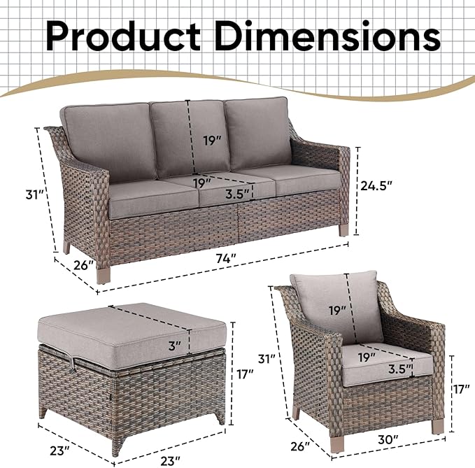 5 Pieces Wicker Patio Furniture Set-Outdoor High Back Sofa with Rattan Wicker Chairs Outdoor Furniture for Porch Garden Backyard Poolside-Brown/Grey