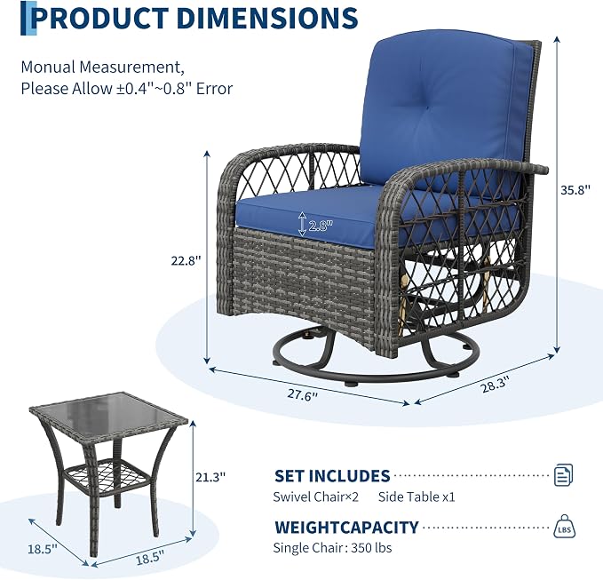 GarveeHome Outdoor Swivel Rocker Chairs, 3-Piece Patio Set with Thick Cushions & High Back Support, Includes 2 Wicker Chairs & 1 Side Table for Deck, Porch, Backyard (Gray Wicker & Blue Cushions)