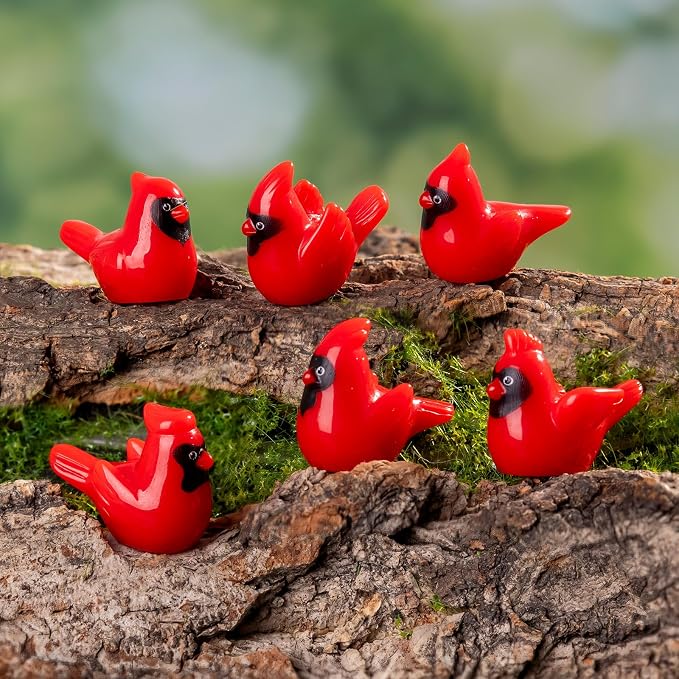 60 PCS 6 Styles Glossy Mini Red Resin Cardinal Bird Figurines, Tiny Bird Miniature Dollhouse Accessories, Bulk Christmas Ornaments for Xmas Gift Mini Garden Cake Topper Decor