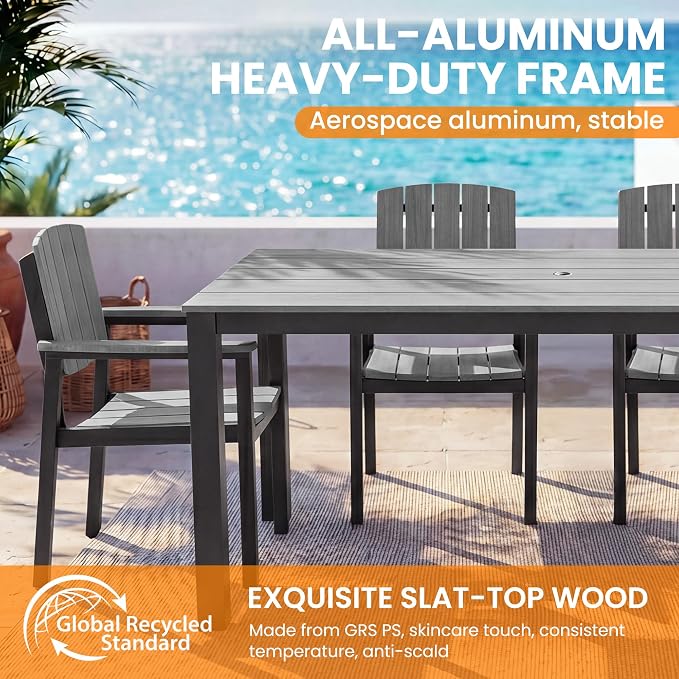 Aluminum Outdoor Patio Dining Table for 4-6 Person, All-Weather Rectangular Outdoor Table with Umbrella Hole for Garden Backyard Poolside Grey