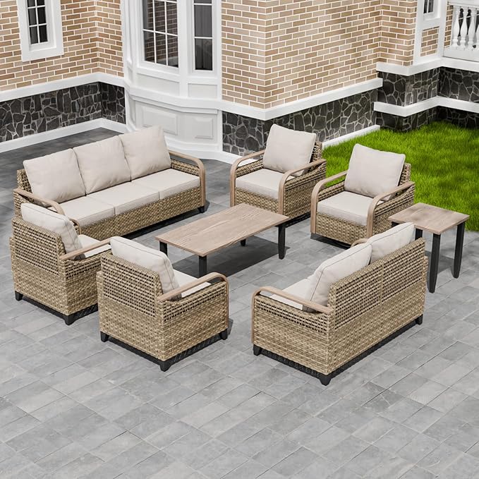 Modern Wicker Patio Furniture Set, Rattan Outdoor Conversation Set， 2 Patio Chairs, 2 Swivel Rocking Chairs, 3 Seat Couch, Loveseat, Coffee Table and Side Table, 8 Pieces, Brown/Gray