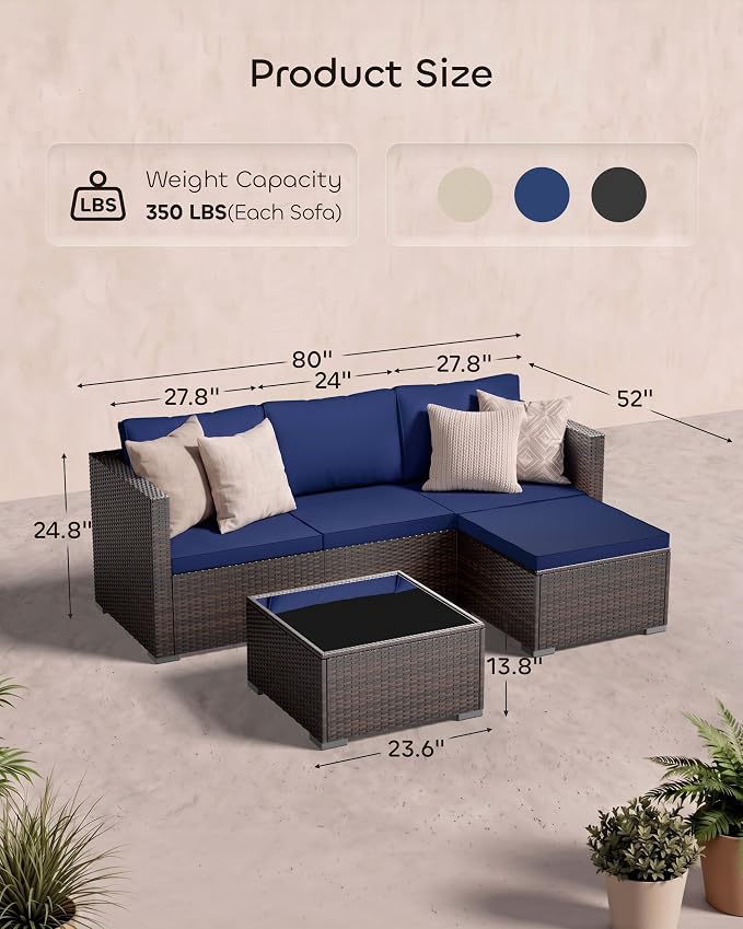 Skyfish Patio Furniture Set - Wide Armrests - All-Weather 5 Piece Outdoor Wicker Sectional Couch with Chaise Lounge,Couch Conversation Set, PE Rattan Sofa for Backyard Porch Poolside Brown/Navy Blue