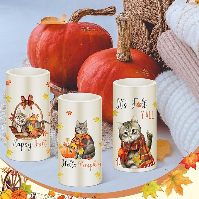 Retisee 3 Pcs Fall Flameless LED Candles Autumn Cat Pumpkin Flameless LED Candles for Bedroom Living Room Fall Thanksgiving Day Decorations