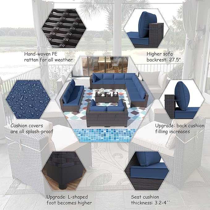 ALAULM 14 Pieces Patio Furniture Set Wicker Patio Conversation Set, Outdoor Sectional Furniture w/Coffee Table & Washable Seat Cushions-Dark Blue