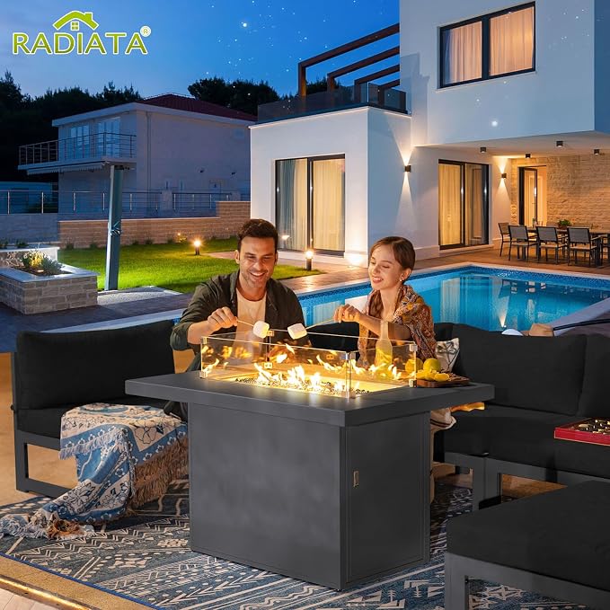 RADIATA 11 Pcs Extra Large Modern Aluminum Outdoor Furniture Set with Lounger & Fire Pit Table, 29 inch Deep Wide Couch Set, 500 lbs Heavy Duty Comfortable Patio Sectional Sofa for Edge of Pool, Black