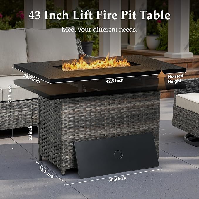 Patio Furniture Set with 42.5" Fire Pit Table-6 Pieces All Weather Wicker Outdoor Furniture with High Back Swivel Patio Chairs Set of 2 Outdoor Couch for Deck Backyard Beige/Gray