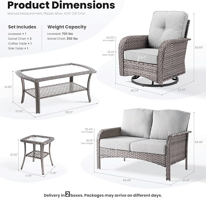 ovios 5-Piece Patio Furniture Set, Outdoor Wicker Sofa with Swivel Chairs Coffee Table, High Back Rattan Couch Loveseat with Comfy Cushions for Porch Yard Deck, Grey
