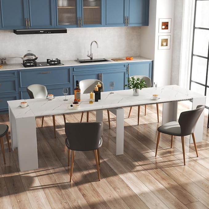 20.08”-118.11” Extendable Dining Room Table, 1-10 People Wood Long Foldable Tables with Storage Cabinet & Outlet, Space Saving Expanding Table with for Kitchen, Living Room, White Marble
