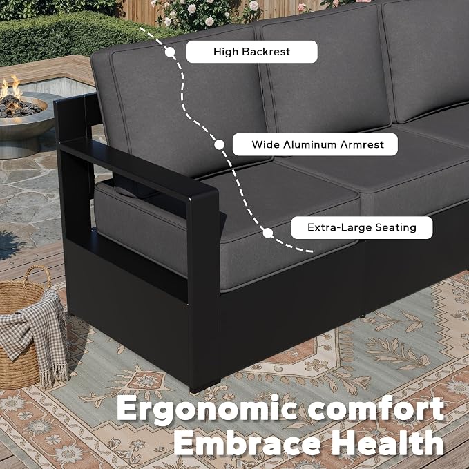 Outdoor Aluminum Furniture Set, 5-Piece Patio Conversation Set, 2 Swivel Chairs, 2 Chairs and 1 Sofa, All-Weather Metal Frame, 6" Thick Removable Cushions, Deep Setting for Garden and Porch, Grey
