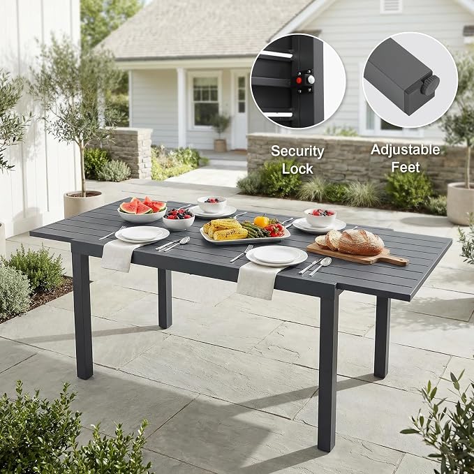 SUNSITT 9 Piece Outdoor Patio Dining Set, 59" - 83" Aluminum Expandable Outdoor Dining Table and 8 Woven Wicker Patio Chairs w/Curved Backrest for Garden, Dark Grey