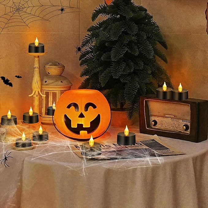 Tea Lights Battery Operated Candles LED Tea Lights Flameless Candles 200+ Hours Flickering Fake Tealights for Halloween, Christmas Aniversary Home Table Decor(Black, 12 Pack)