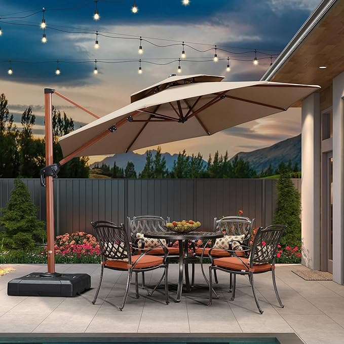 PURPLE LEAF 11 Feet Double Top Deluxe Wood Pattern Round Patio Umbrella Offset Hanging Umbrellas Cantilever Umbrella Outdoor Market Umbrellas Garden Umbrella, Heather Beige
