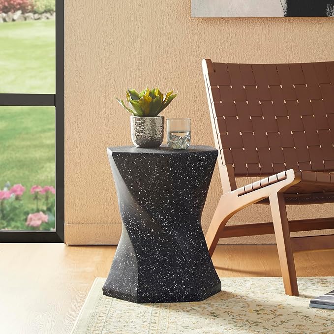 Glitzhome Outdoor Side Table Set of 2, 17.75" H Decorative Garden Stool MGO Twist Faux Terrazzo End Table, Round Planter Stand for Indoor Outdoor Living Room Bedroom Patio Deck Poolside, Black