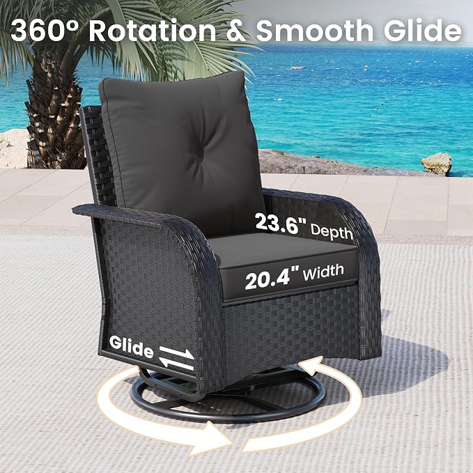UDPATIO Patio Furniture Set with 44" Fire Pit Table, High Back 2 Swivel Rocker Chairs, Wicker Outdoor Conversation Sets with Thick Cushions & Ottoman, for Garden, Porch