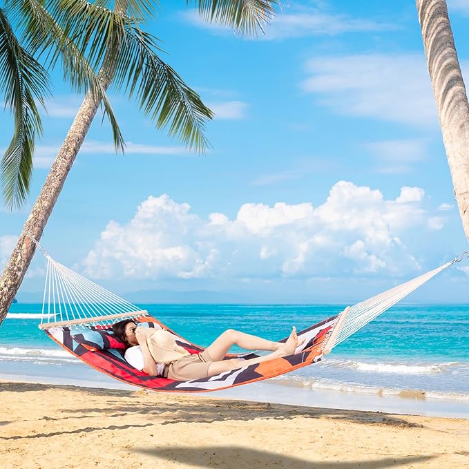 Backyard Expressions Reversible Quilted Hammock - Single or Double Hammock for Outdoor Relaxation with Matching Pillow, Zig Zag