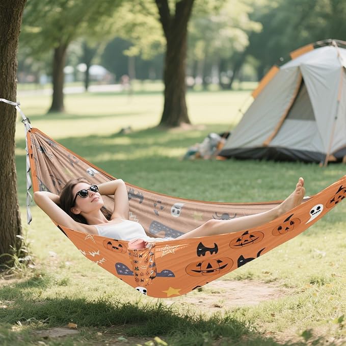 Halloween Print Pumpkin Camping Hammock, Portable Lightweight Single Hammock with Tree Straps and Aluminum Carabiners, 114" x 54" Travel Hammock for Hiking Backpacking Beach