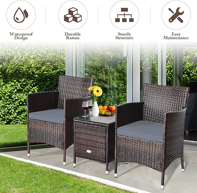 DORTALA 3 Piece PE Rattan Patio Furniture Set, Outdoor Chairs & Table Set with Tempered Glass Top & Cushions, Wicker Conversation Set for Garden Backyard, Grey