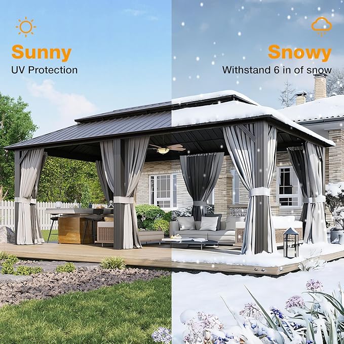 12x20FT Hardtop Gazebo, Metal Frame with Double Galvanized Steel Roof, Permanent Outdoor Pergola with Curtains and Netting Included for Backyard, Patio, Lawn and Garden, Gray