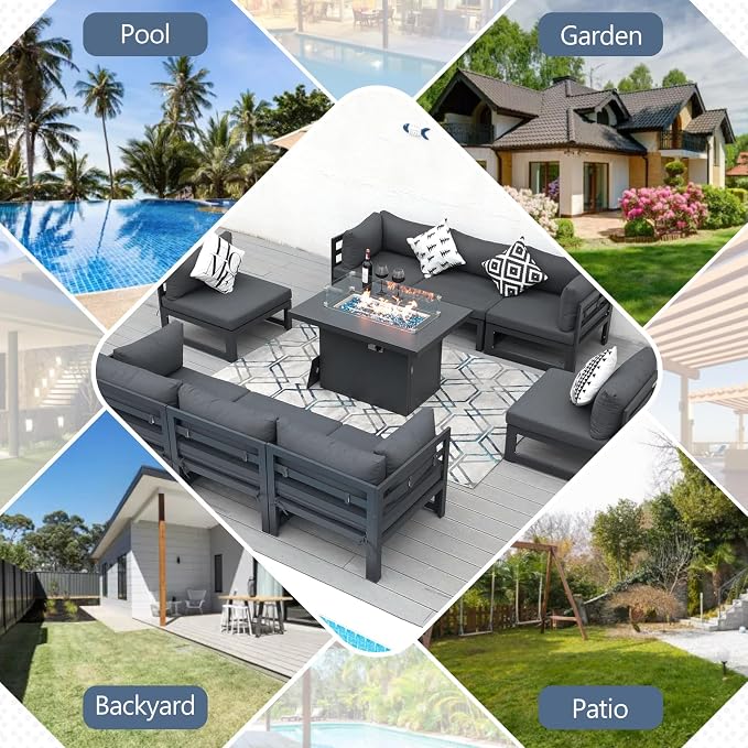 RADIATA 9 Pcs Modern Aluminum Outdoor Patio Furniture Set with Fire Pit Table Propane/Gas, Extra Large All-Weather Modular Sectional Couch, 29" Wide Deep Seating Conversation Sofa for Deck, Dark Grey