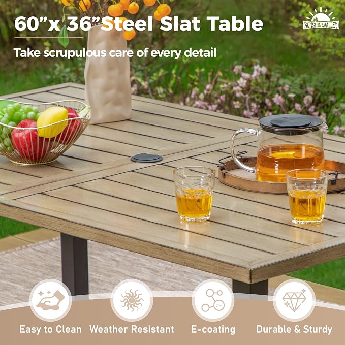 SUNSHINE VALLEY 7 PCS Patio Dining Set for 6, Rectangular Wood-Like Metal Table with Umbrella Hole and 6 Chairs, Outdoor Table and Chairs for Lawn Garden Backyard and Deck, Brown