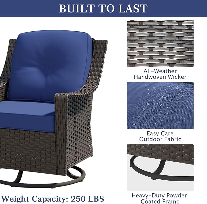 3 Pieces Patio Swivel Chairs & Side Table, PE Rattan Patio Chairs with Water-Resistant Cushion for Porch Outdoor Wicker Furniture Set (Blue, 3 PCS - Swivel Chair & Table)