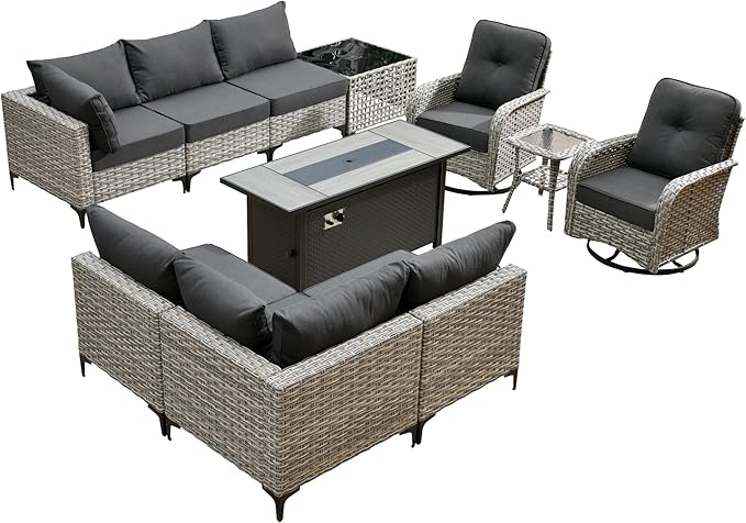 Outdoor Patio Furniture Sets,11 PCS Patio Conversation Set Outside Rattan Sectional Sofa with 54 in Fire Pit Table Wicker Rocking Chair Coffee Table Fit Backyard Porch Garden Poolside Balcony