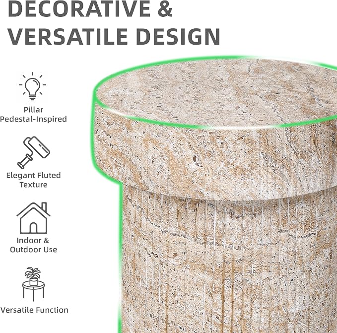 Side Table, 24" Travertine Pedestal End Table, 3-in-1 Durable Lightweight Outdoor Round Coffee Table, Decorative Patio Accent Table Fluted Garden Stool Art Decor for Balcony, Living Room, Beige